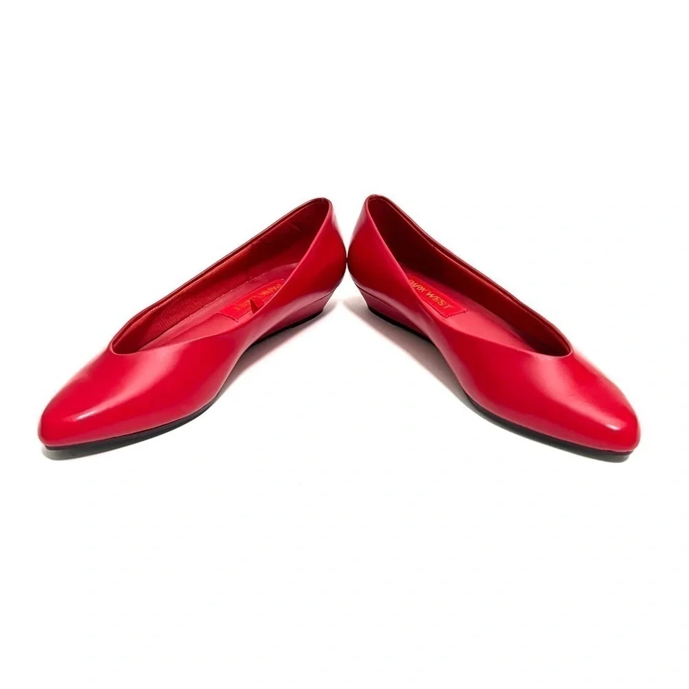 Vintage 1980s deadstock cherry red vegan leather slip on mini wedge heels